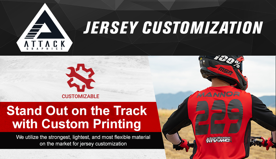 Attack Graphics, Jersey Customization, Customizable, Stand Out on the Track with Custom Printing, We utilize the strongest, lightest, and most flexible material on the market for jersey customization, a man sitting on a dirt bike showing his name and number on the back of the jersey